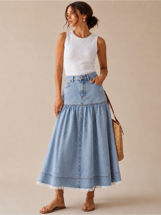 Dresses & Skirts - Light Wash Denim Tiered Midi Skirt with Frayed Hem Women’s  US 4 boho